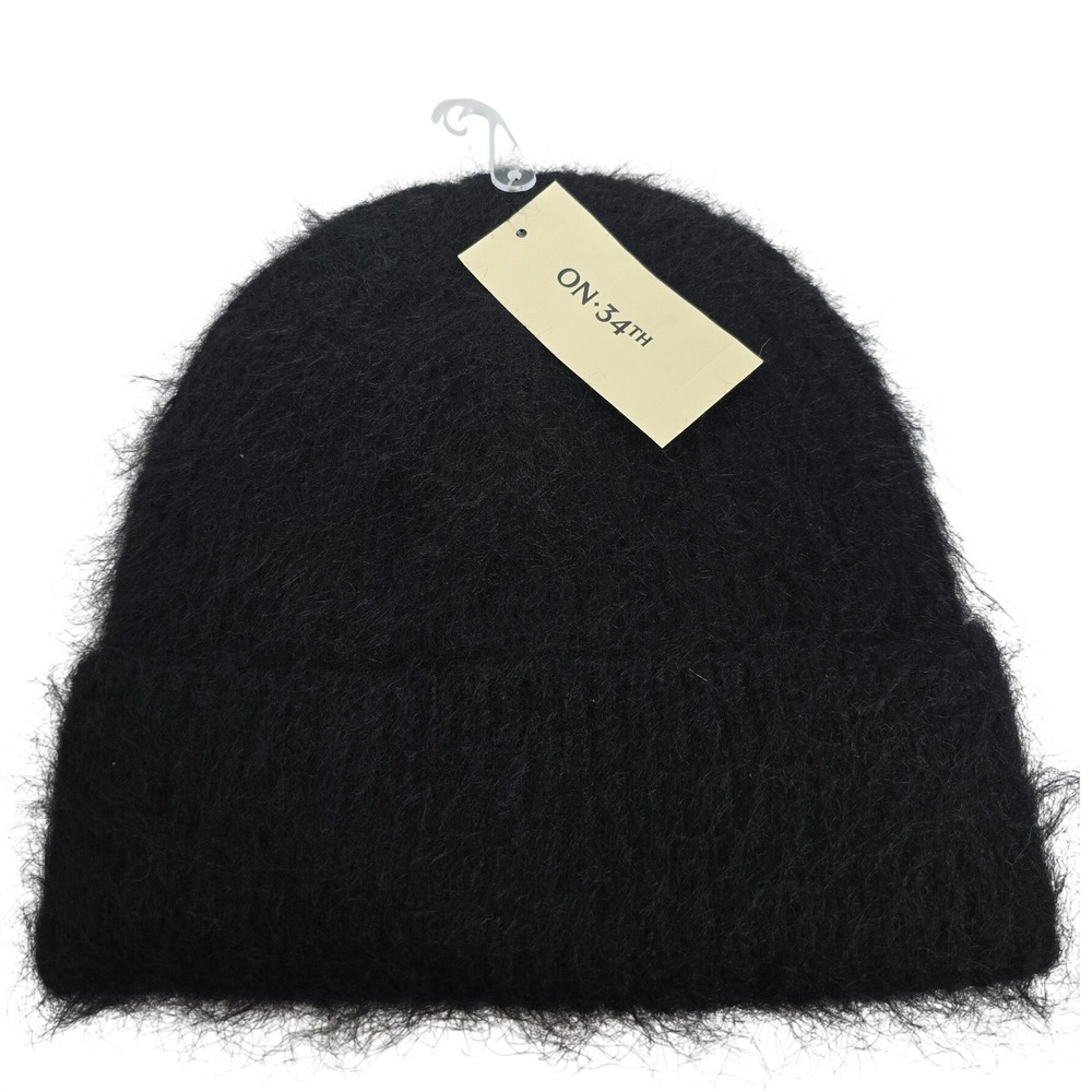 On 34th Womens Black Fuzzy Knit Cuffed Wool Blend Beanie Hat OS NWT